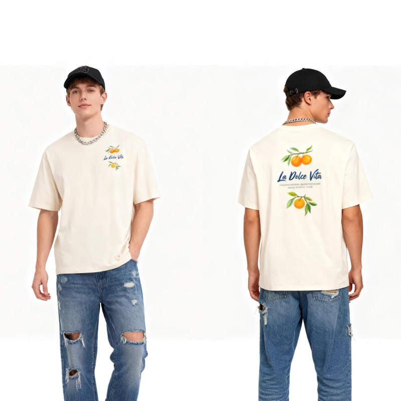 Summer Men's Cotton Heavyweight Short-Sleeve T-Shirt Printed Trendy Fashion Loose Casual Base Shirt