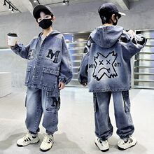 男童春季套装2025春秋新款软牛仔潮款中大儿童休闲男孩带帽两件套
