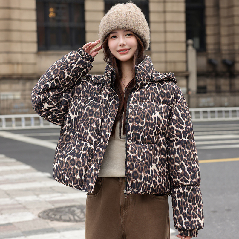 跨境2025秋冬新款辣妹豹纹色棉服外套女加厚时尚短款连帽夹克棉衣|undefined