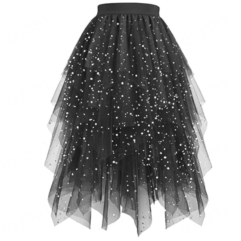 Cross-Border Mesh Sequin Skirt, Tulle Skirt, Puffy Skirt, Star Mesh Skirt, Tutu Skirt, Irregular Mid-Length Tulle Skirt