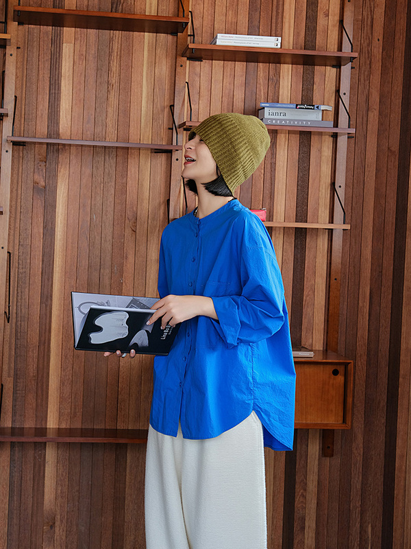 2025 Blue Original Design Spring New Product 60-Count Long-Staple Cotton Stand-Up Collar Loose Casual Versatile Long-Sleeved Shirt for Women