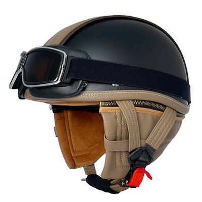 Motosiklet kaskı (dəbilqə): Handmade Leather Helmet - matte-black-coffee-leather-square-retro-mirror-s