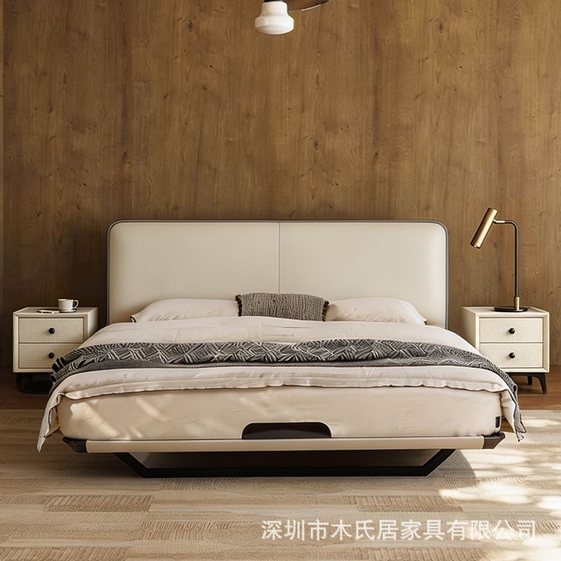Italian minimalist double bed, ultra-thin bed frame, upholstered bed, flush-mounted steel frame, floating bed, space-saving for small bedrooms, single bed