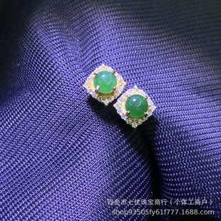 Factory explosions s925 sterling silver yang green square small square sugar earrings jade simple egg surface silver inlay finished wholesale