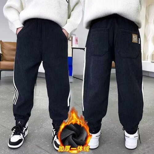 Thickened corduroy lined men's pants for autumn and winter, trendy brand track pants, loose pants with turn-up cuffs, casual pants, fashionable pants.