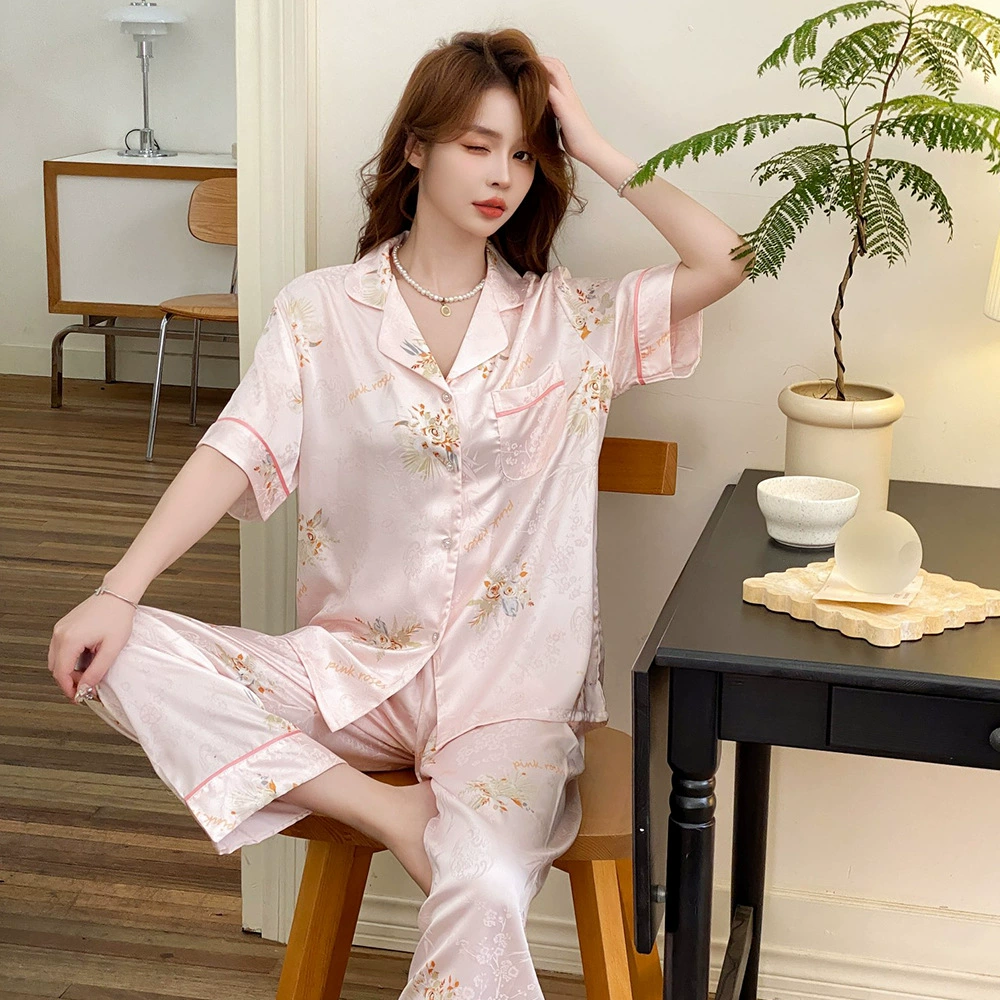 Summer silk thin pijama, set, with short sleeve