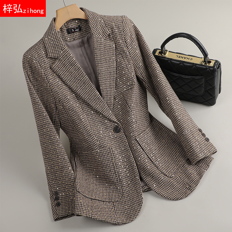 Zihong Zihong Fashion Sequin Houndstooth Women's Suit Jacket Spring and Autumn New Casual Western Style Small Suit Zihong Zihong Fashion Sequin Houndstooth Women's Suit Jacket Spring and Autumn New Casual Western Style Small Suit