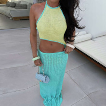 欧美2025夏季新款女装性感撞色挂脖小吊带背心针织镂空半身裙套装