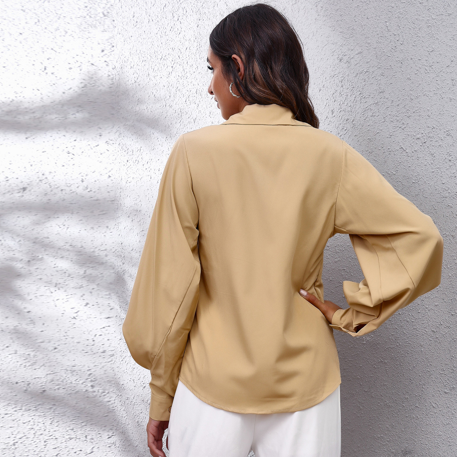Solid Color Lantern Sleeve Lapel Chiffon Casual Blouse NSGBS93013