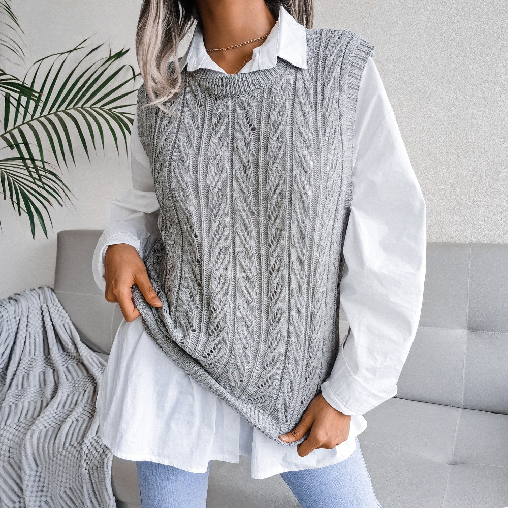Sleeveless Round Neck Hollow Knitted Sweater Vest NSBJ100622