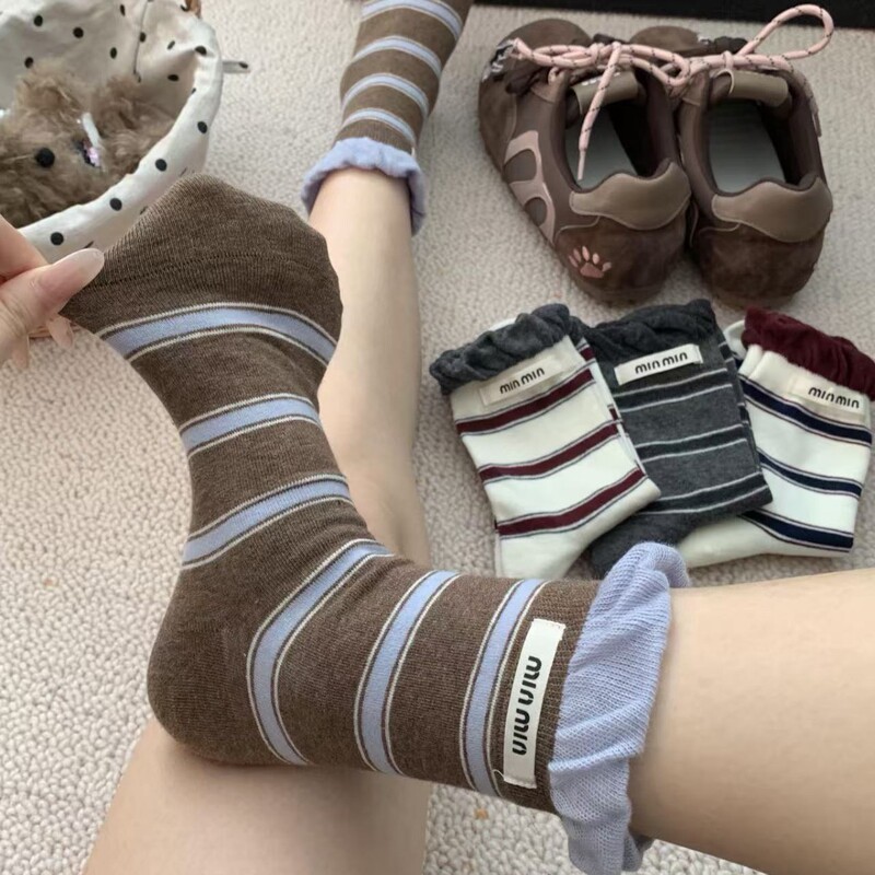 韩系泡泡口条纹秋冬中筒袜子无骨不硌脚棉袜百搭ins复古堆堆女袜|undefined