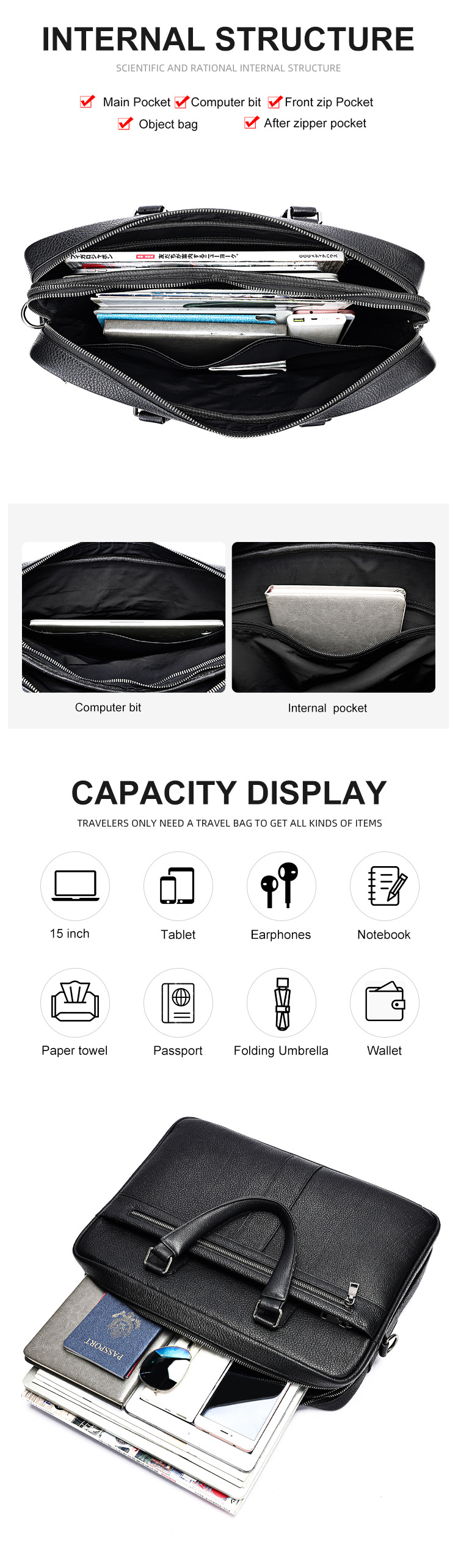 Cặp da bò thật nam đựng laptop 15 inch nhiều ngăn công sở — Đen, 39*5.5*30cm chi tiết 12