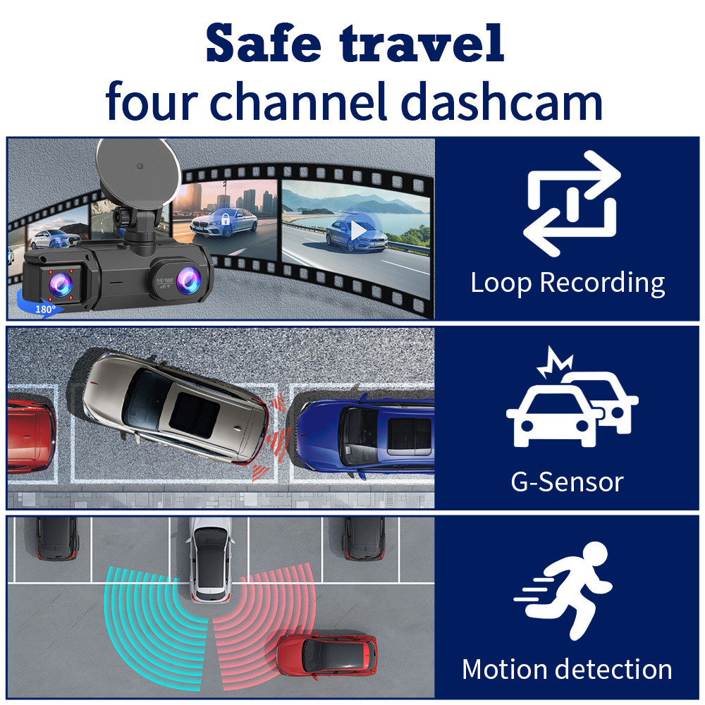 Cross-Border Hot-Selling Model: 3-Camera Simultaneous Display Dashcam with High-Definition Wifi and Mobile Phone Connectivity, Parking Monitoring Recorder