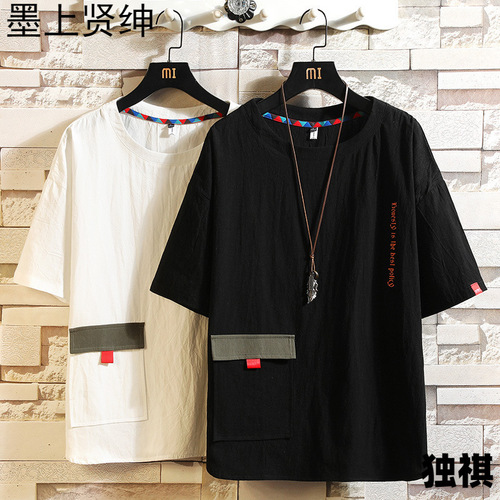 Relaxed style linen short-sleeved t-shirt for men, summer Chinese fashion, plus size cotton linen Tang suit, Chinese style men's clothing, Zen clothing top