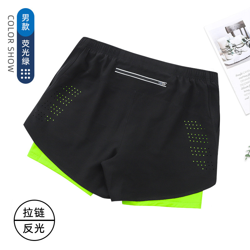 夏のスポーツパンツ男性速乾通気二重防光偽二枚トレーニング三分ズボンフィットネスランニングパンツ|undefined