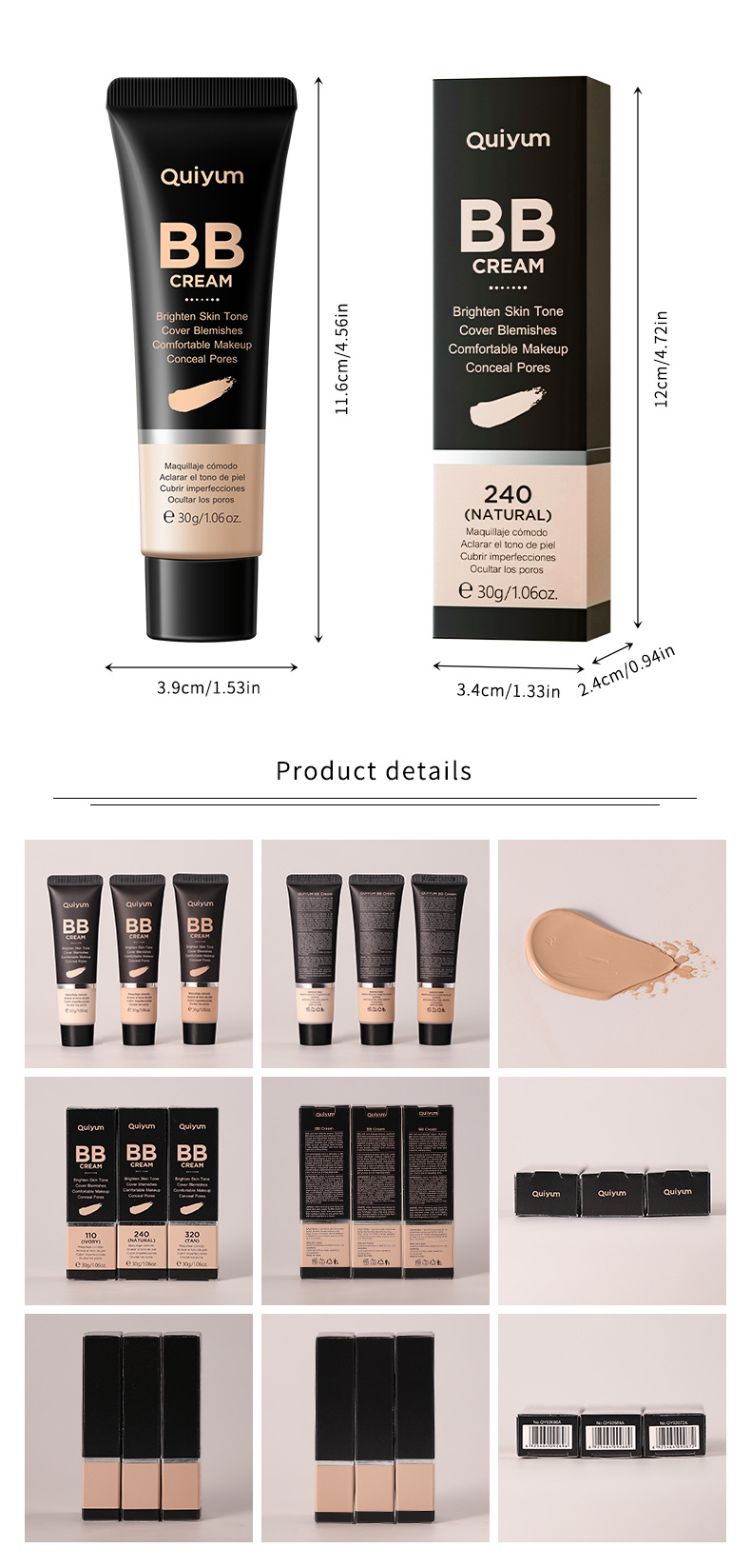 Cross-border QUIYUM BB Cream 30g (Color Box) Hydrating, Moisturizing, natural, clear and long-lasting makeup product undefined