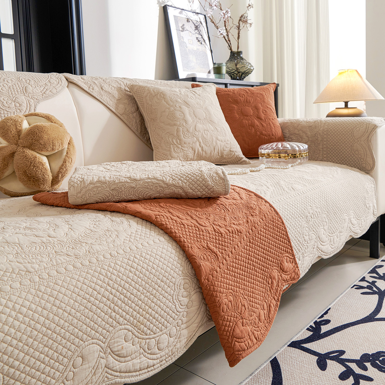 复古法式沙发垫防滑绣花沙发套罩四季通用纯棉沙发巾2024新款坐垫