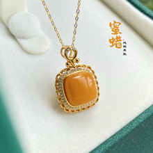 天然鸡油黄蜜蜡方糖吊坠通体S925纯银豪华镶真品原石高档单坠批发