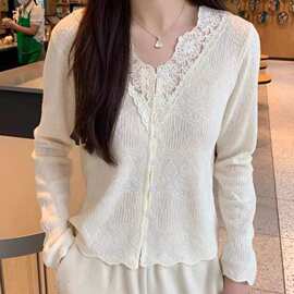 法式新品感长袖钩花蕾丝衬衣女秋新款显瘦领时尚上衣打底衫图片色