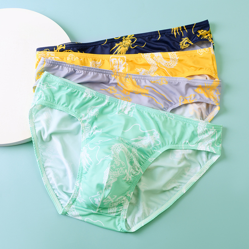 Summer men's briefs cool ice silk dragon pattern Chinese style light breathable comfortable boxer shorts short pants