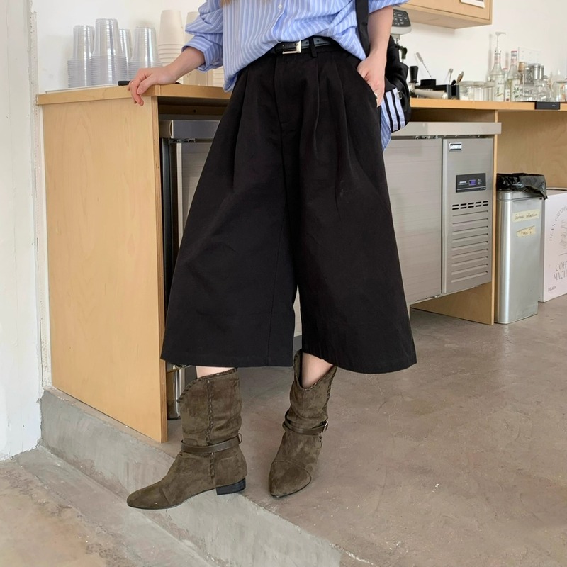绒面复古尖头褶皱堆堆靴子女2025年新款韩版低跟皮带扣西部瘦瘦靴|undefined
