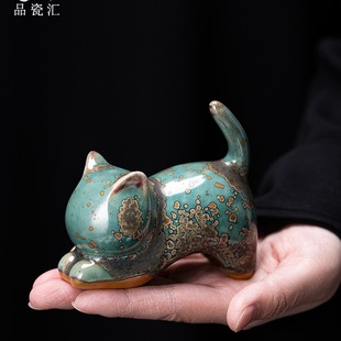 Junqi Creative Kitten Ceramic Tea Pet Small Ornaments Desktop Living Room Coffee Table Decoration Crafts Tea Toys