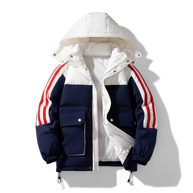 Couple's Cotton-padded Clothes Large Pocket Striped Color Matching Detachable Hat Trendy Brand Loose Warm Bread Cotton-padded Coat for Men and Women Couple's Cotton-padded Clothes Large Pocket Striped Color Matching Detachable Hat Trendy Brand Loose Warm Bread Cotton-padded Coat for Men and Women