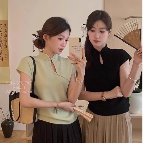 New Chinese style, national style, design, button-down collar, summer base shirt, Feifei sleeves, temperament sweater top