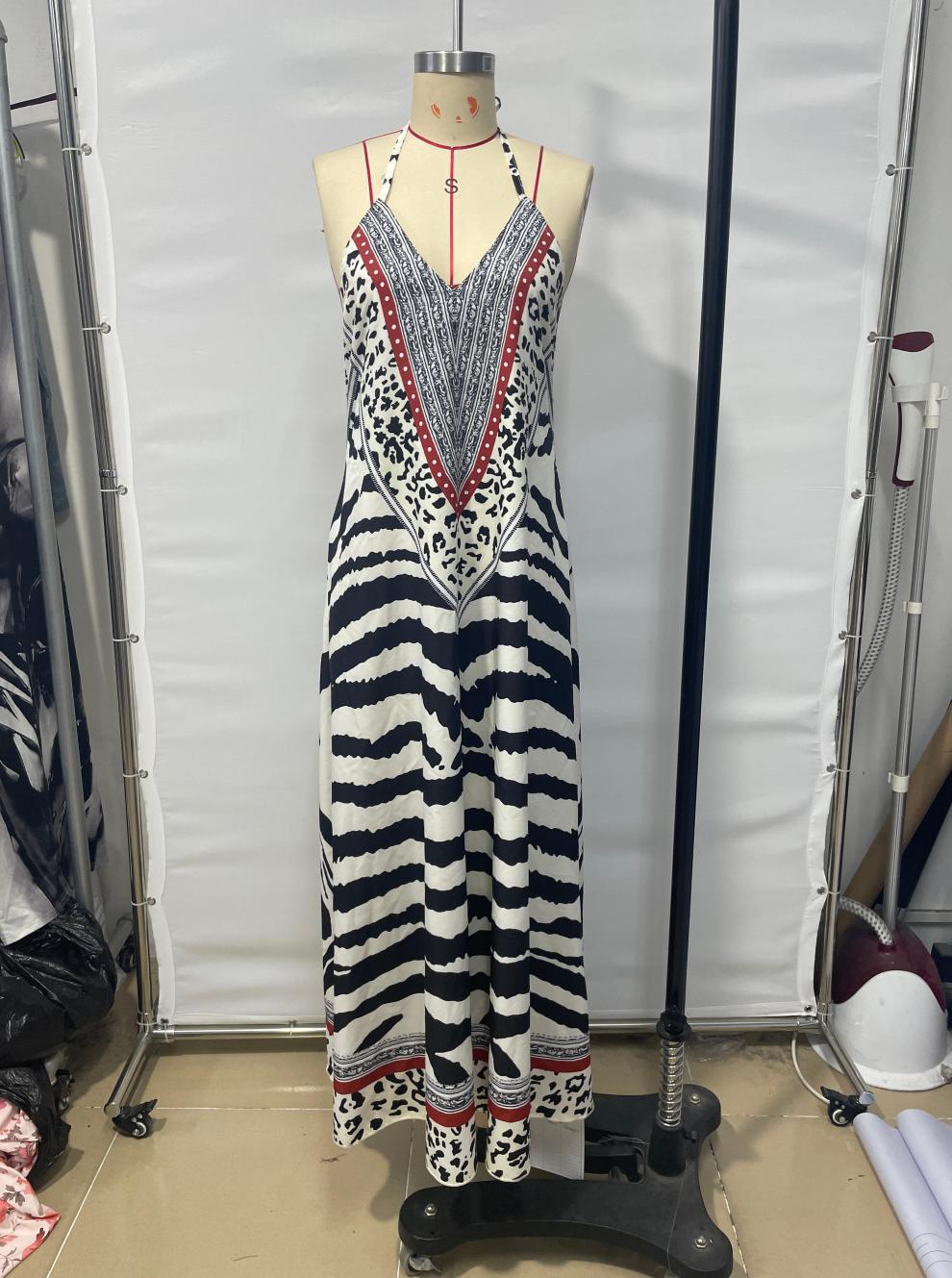 Summer Season Wholesale Women's Streetwear Zebra Holiday Halter Neck Sleeveless Strap Dress