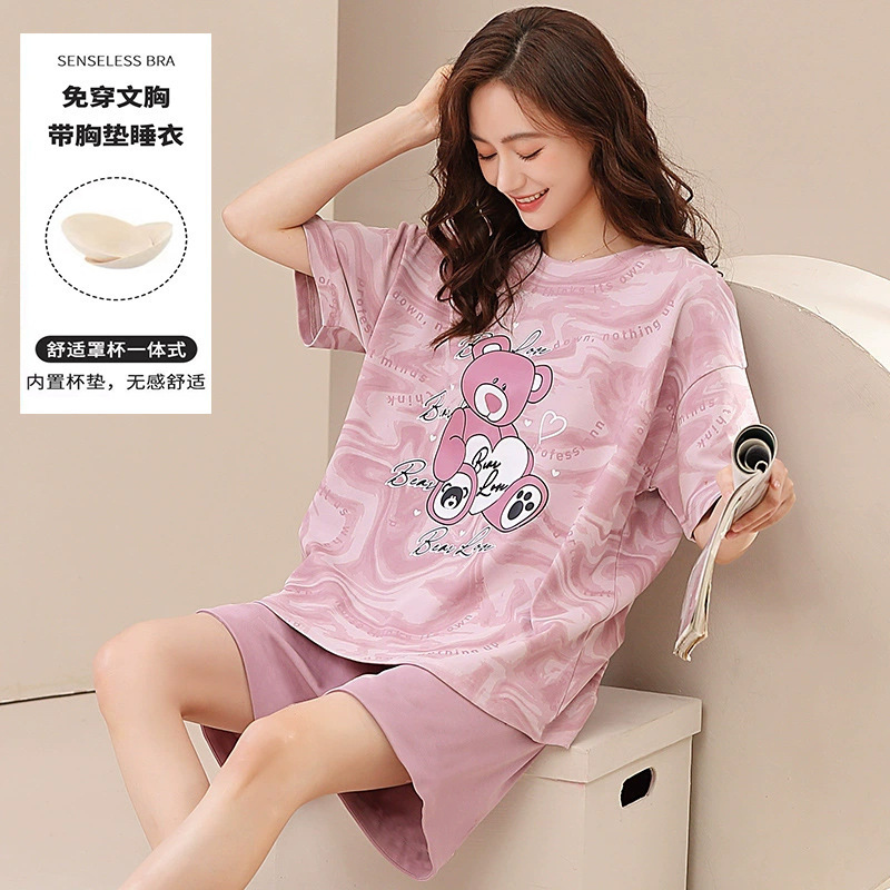 2025 New Pajamas for Women, Short-Sleeved Summer Cartoon Thin Suits with Breast Pads, Large Size Home Clothes That Can Be Worn Outside