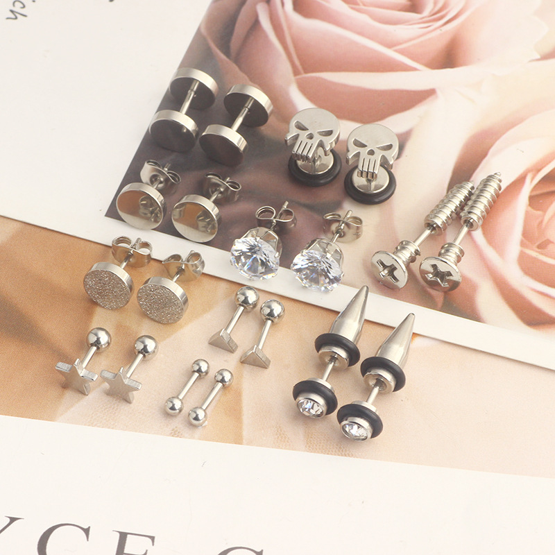 10 Pair Black Stud Round Barbell Earrings Set - Stainless Steel Men's Personality Piercing Studs detail image 7