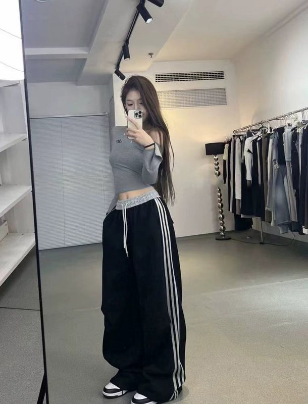 美式复古三条杠运动裤女2025秋冬款高腰抽绳显瘦运动阔腿裤子女|undefined