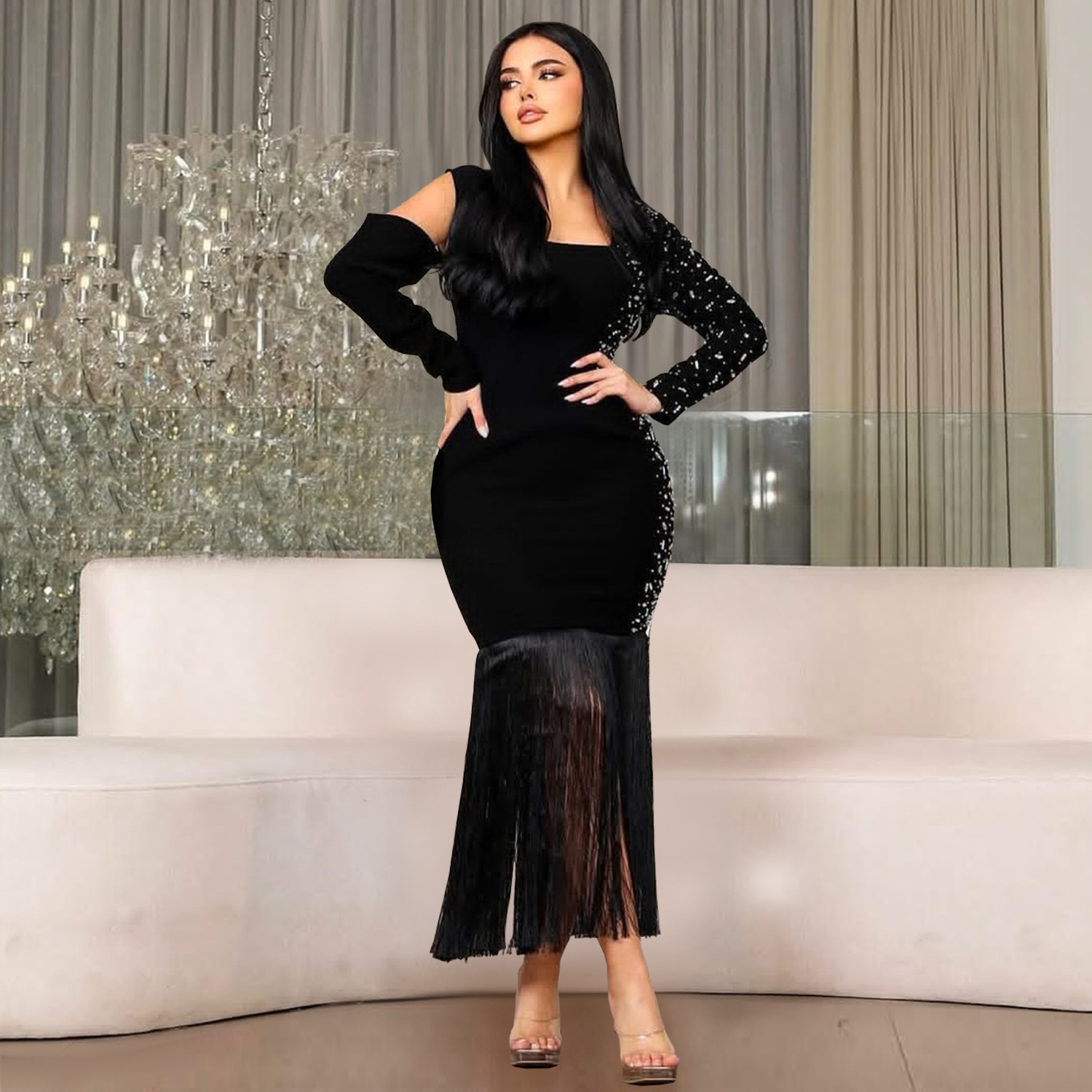 C7412 Aliexpress transfronterizo amazon ropa de moda europea y americana de mujer sexy bolsas de brazo largo vestido de diamantes calientes image 3