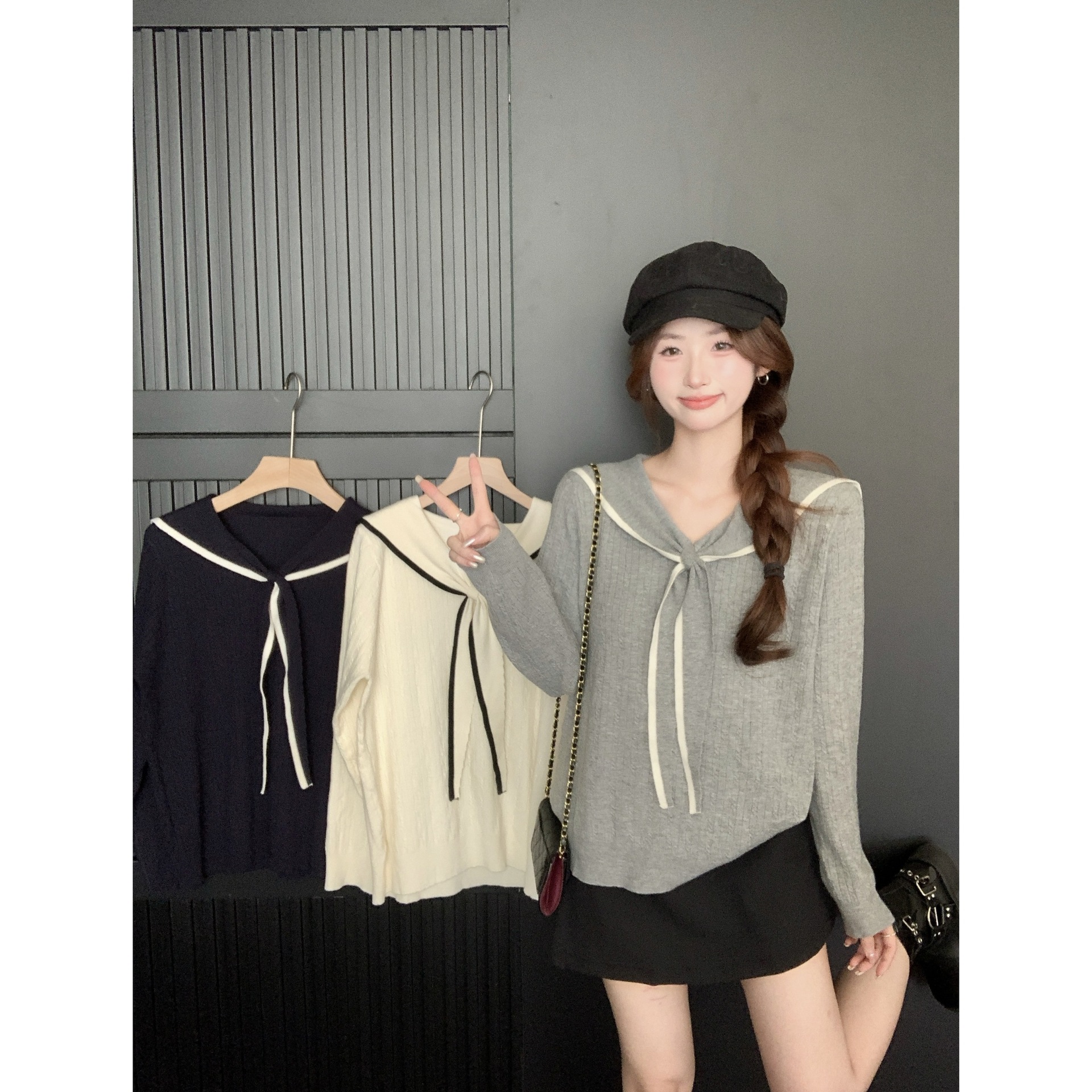 Real photos of the 2026 Autumn New Style Plus Size College Style Sailor Collar Knit Sweater, Korean Style Youthful Top 68662