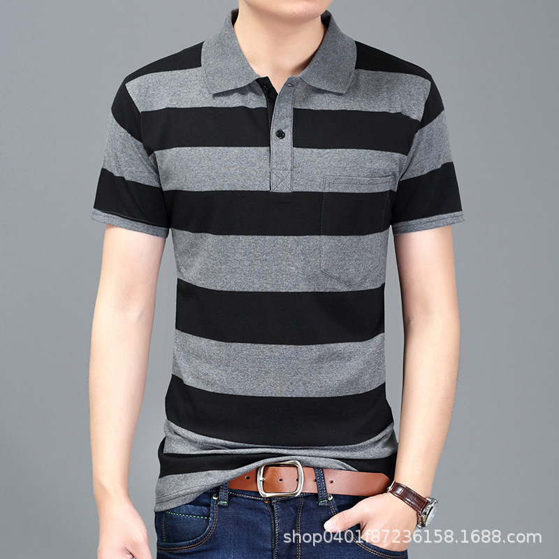 Summer Men's T-shirt Short-sleeved Middle-aged and Young Men's Short-sleeved T-shirt Men's Half-sleeved Striped Lap Loose Polo Shirt