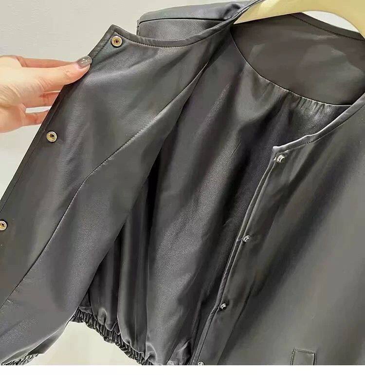 Áo gile da PU nữ dáng ngắn không tay cổ tròn phối layer form rộng — Màu nâu cà phê, màu đen chi tiết 12