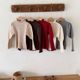 瑜瑜公主女童秋冬新款韩版纯色花边针织打底衫儿童灯笼袖毛衣打底