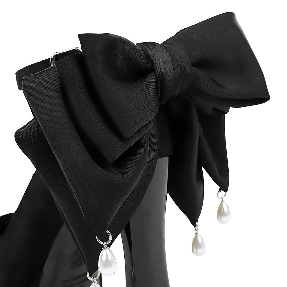 8322-H100M European And American Suede Ultra-high Heel Platform Shallow Mouth One-strap Buckle With Pearl Bow Women's_vogvips.com
