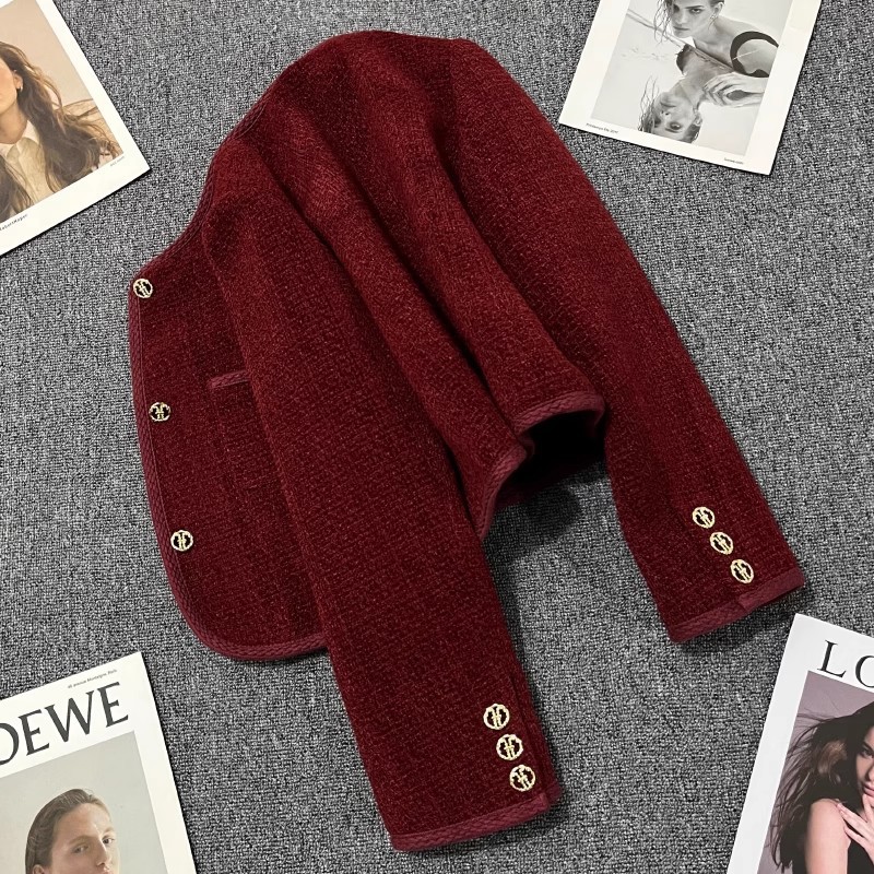 Burgundy Short Chanel-Style Jacket for Women, 2024 New Design, Trendy Casual and Elegant Spring and Autumn Top