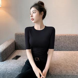 Black Mid-sleeve T-shirt Women's 2025 New Summer Thin Knitted Half-sleeve Inner T-shirt Base Tight Top