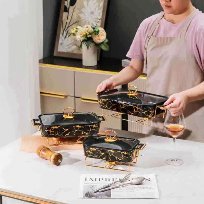 Binaural Ceramic Marble Pattern Black and White Bakeware Household Hotel Restaurant Rectangular Oven Nordic Plate with Lid