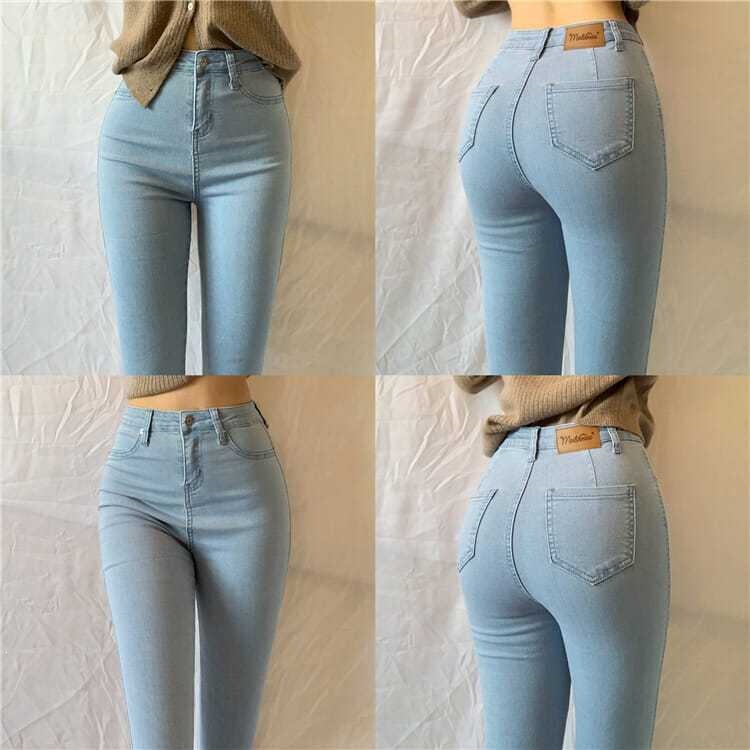 Plus-Size European and American Style High-Waisted Peach Butt Elastic Light Blue Denim Skinny Jeans for Women, Slim-Fit Pencil Pants Plus-Size European and American Style High-Waisted Peach Butt Elastic Light Blue Denim Skinny Jeans for Women, Slim-Fit Pencil Pants