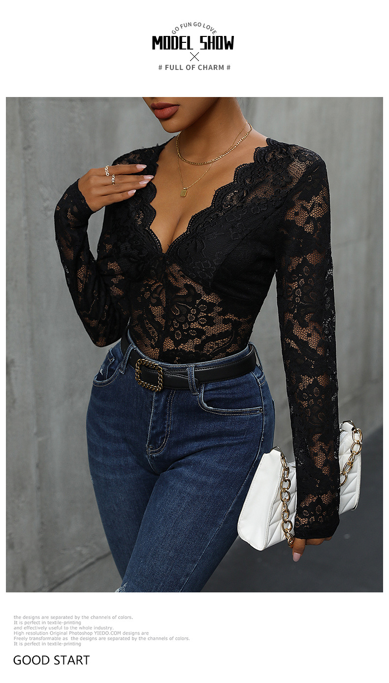 Body intero con scollo a V sexy e popolare in pizzo_voghion.com