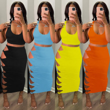 08164 欧美女装时尚休闲性感镂空纯色夏季新款背心两件套裙