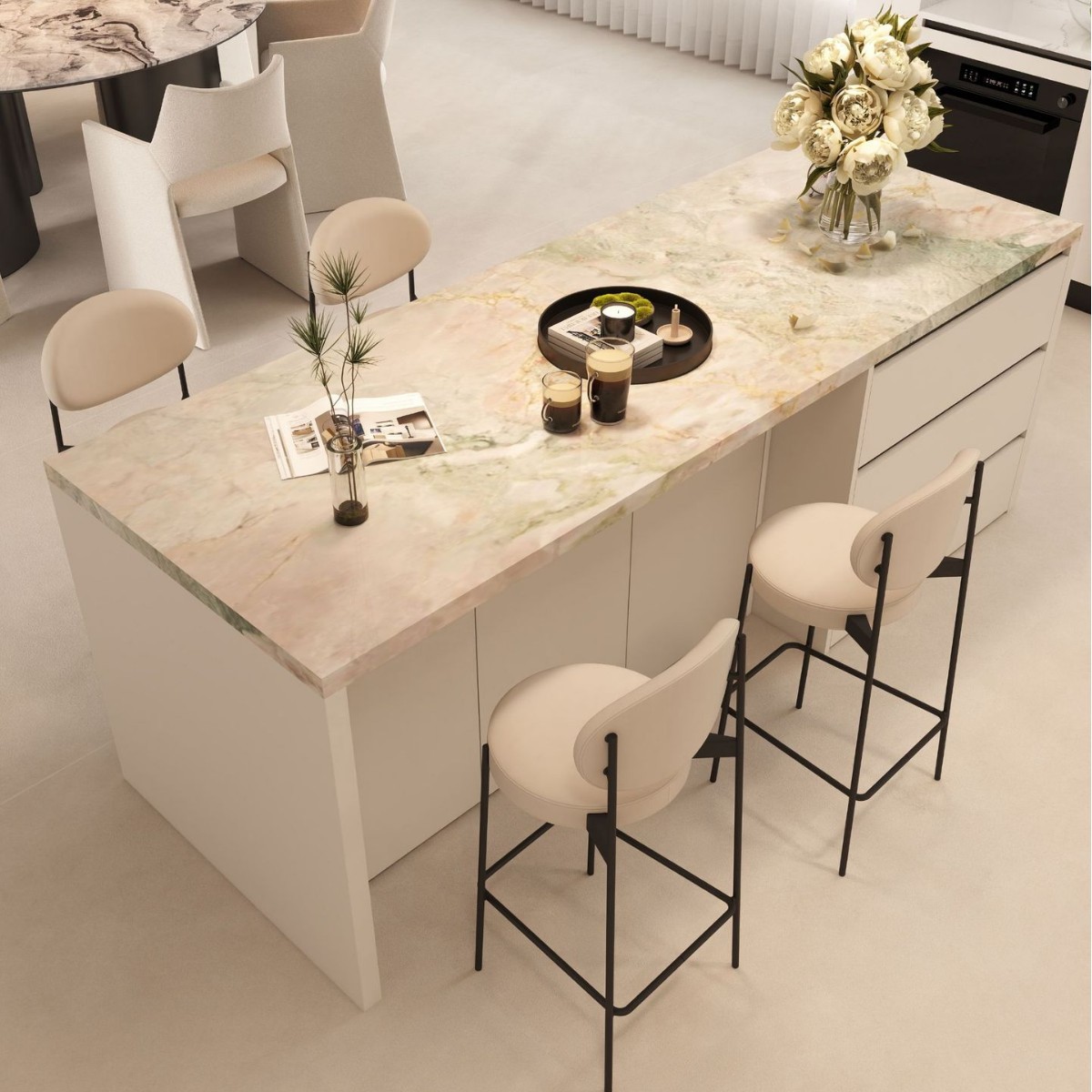 Four-season pink-green slate island table with solid wood storage cabinet, dining table, floor-standing with drawers, modern style for hotel and bar