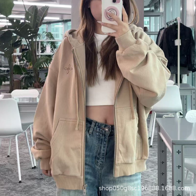SMFK十字雕像阔身拉链帽衫刺绣纯棉休闲开衫外套男女同款25秋新款|undefined