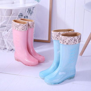 Women's Adult High Rain Boots fleece-lined Water Shoes Non-slip Water Boots Long Barrel Outdoor Work Car Wash Waterproof Glue Shoes Cover