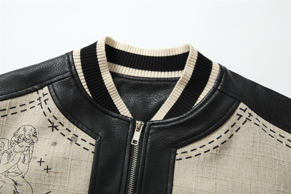 Vintage Style Angel Wing Print PU Leather Baseball Jacket For Men - Loose Fit, Color Block Design, Trendy Streetwear_viptrois.com