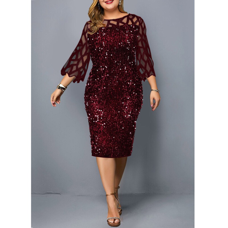 European and American Cross-Border Round-Neck Velvet Sequin Slim-Fitting Party Sexy Dress Lace Three-Quarter Sleeve Mid-Length Women's Dress European and American Cross-Border Round-Neck Velvet Sequin Slim-Fitting Party Sexy Dress Lace Three-Quarter Sleeve Mid-Length Women's Dress