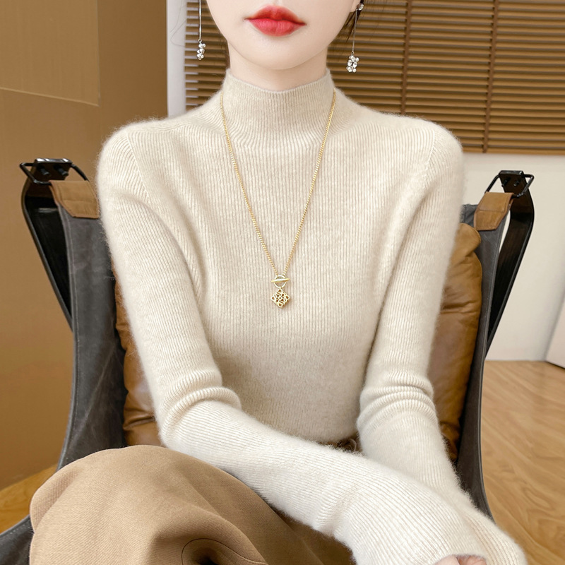 Half-High Striped Knit Sweater for Women, Seamless Knit Top, Base Layer, Slim Fit Long-Sleeve Andy Velvet New Style